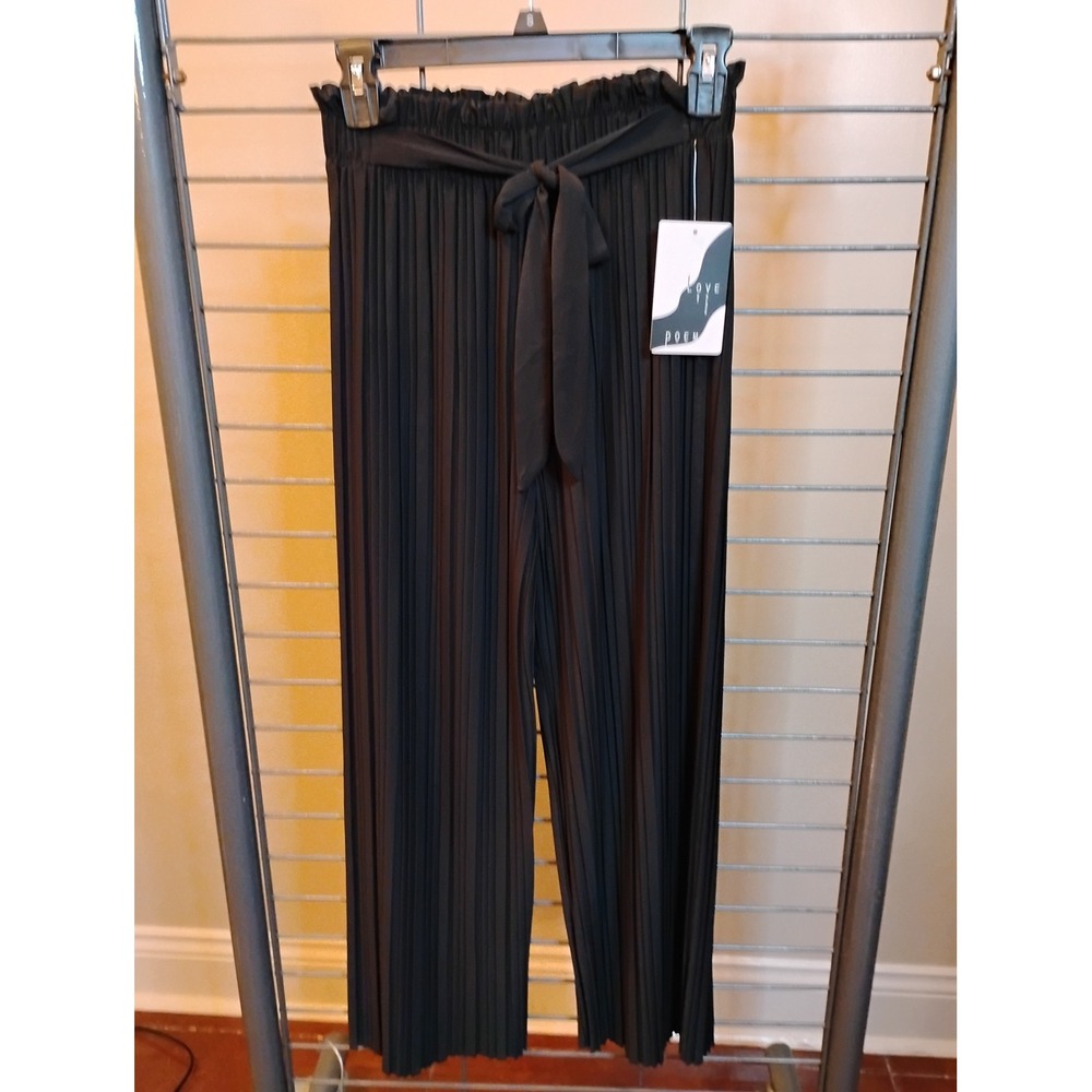 Love By Block Poem Black Pleated Wide Leg Paperbag Waist Pants PB600 Small NWT